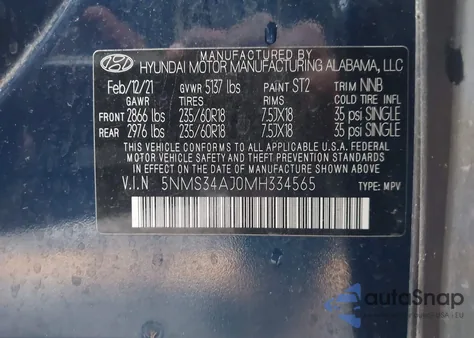 2021 Hyundai Santa Fe Sel z USA, uszkodzony, nr VIN 5NMS34AJ0MH334565